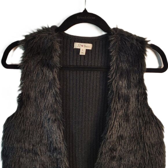 JJ BASICS Faux Fur Sweater Vest Large Women's Black Open Front Casual Dressy - Picture 2 of 5